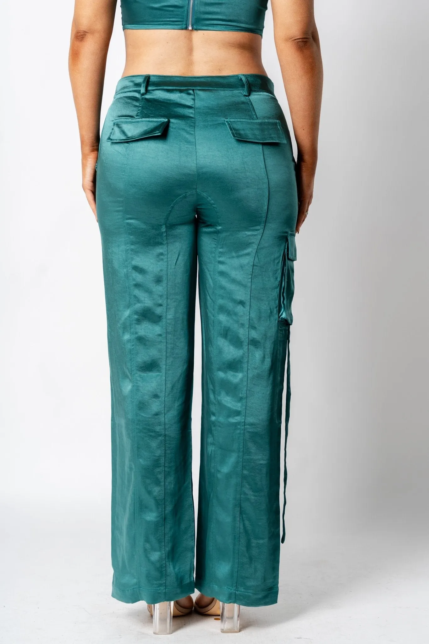 Satin wide leg cargo pants forest green
