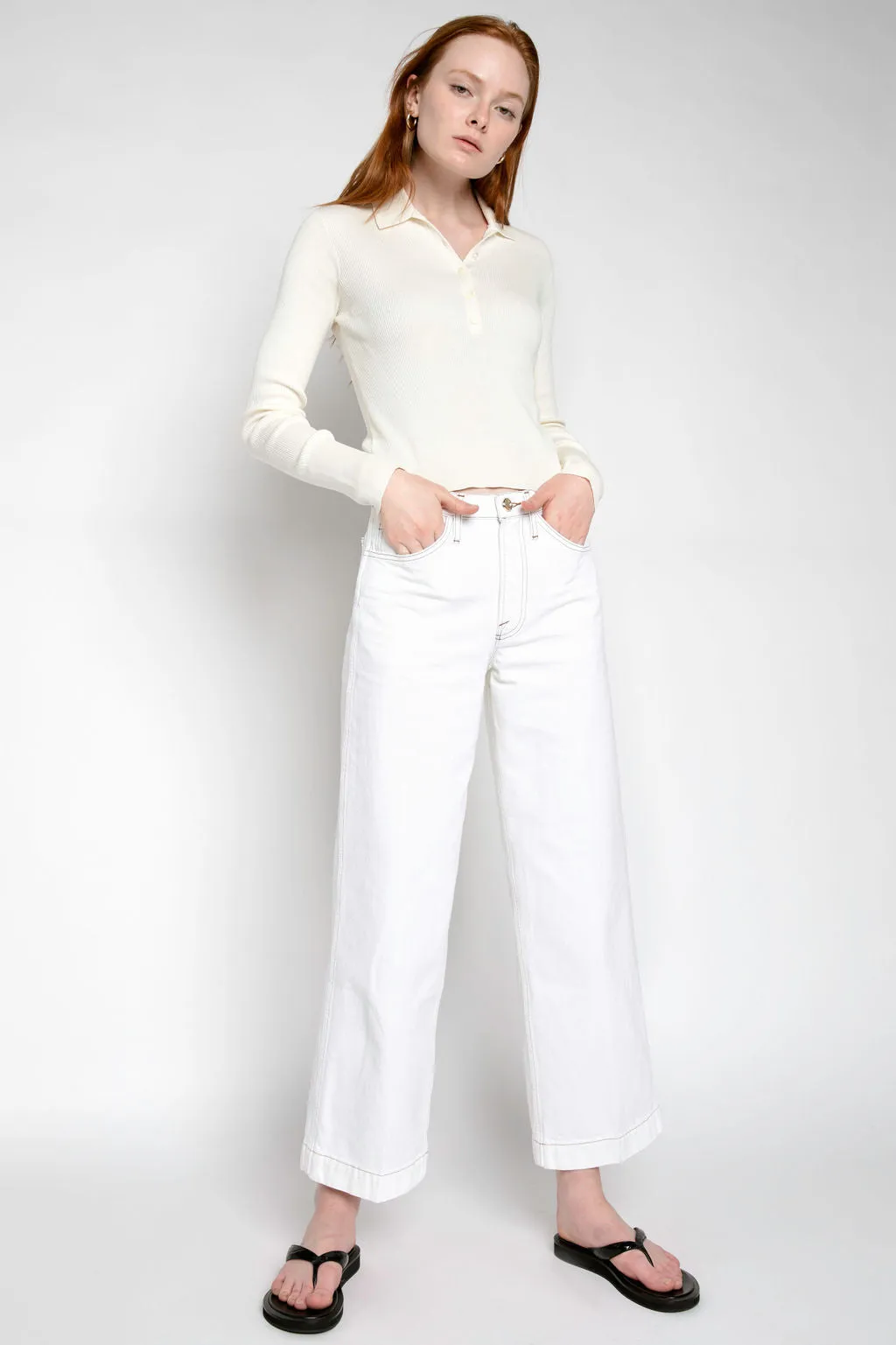 Shrunken Knit Polo Shirt in Off White