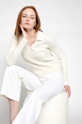 Shrunken Knit Polo Shirt in Off White