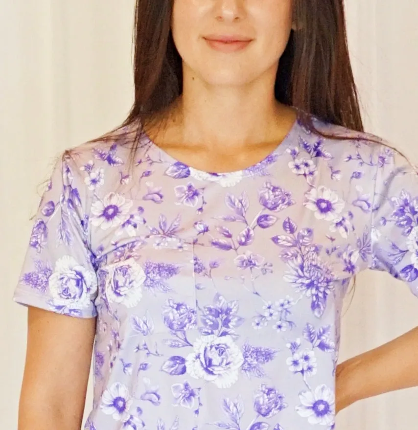 Slinky Purple Floral Short Sleeve Night Gown