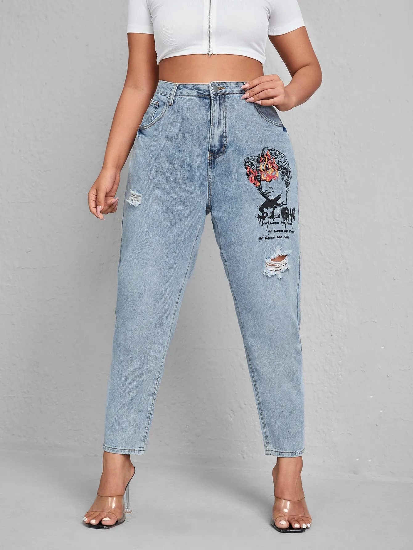 Slogan Zipper High Waist Long Plus Size Jeans