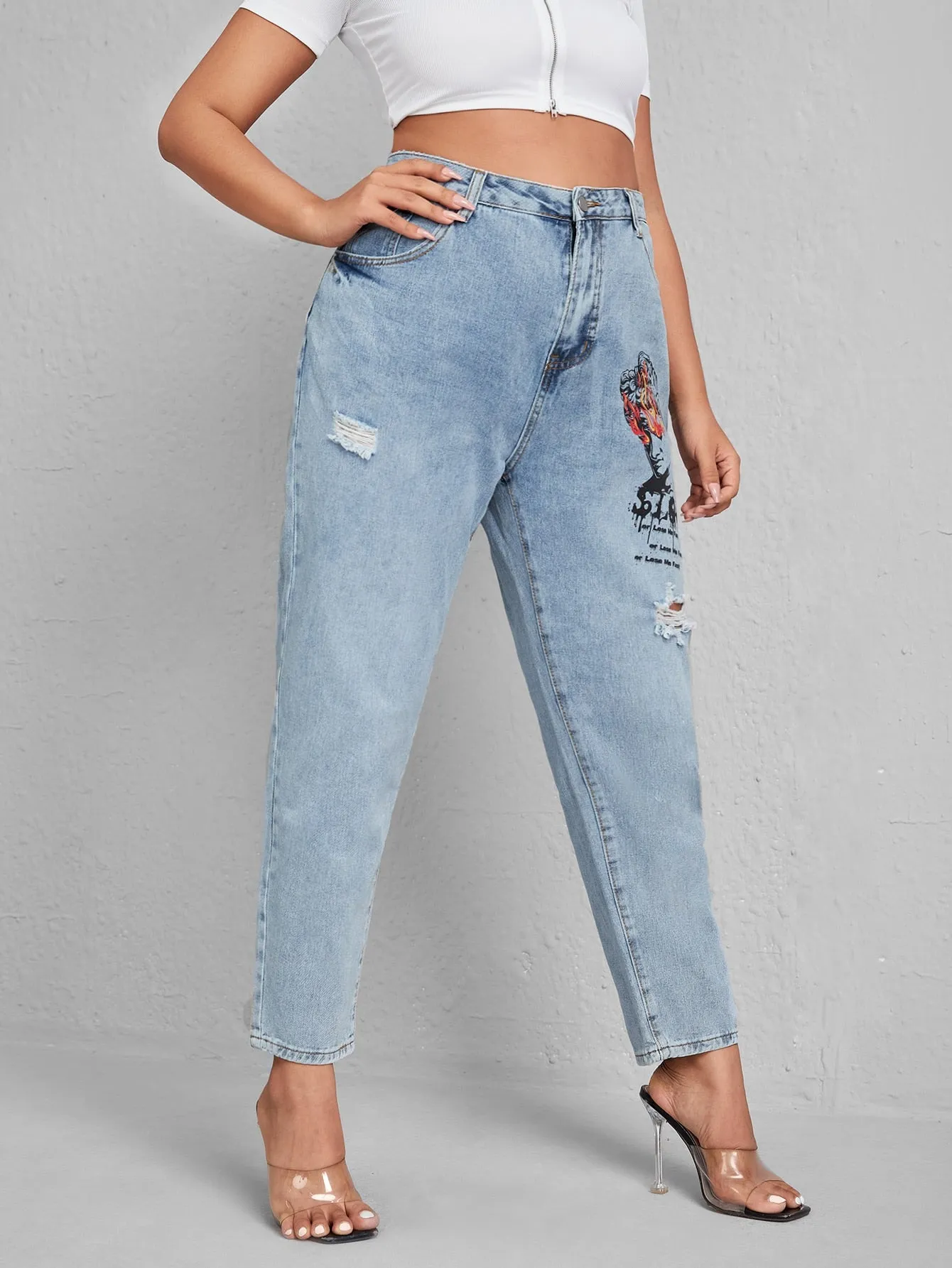 Slogan Zipper High Waist Long Plus Size Jeans