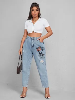 Slogan Zipper High Waist Long Plus Size Jeans
