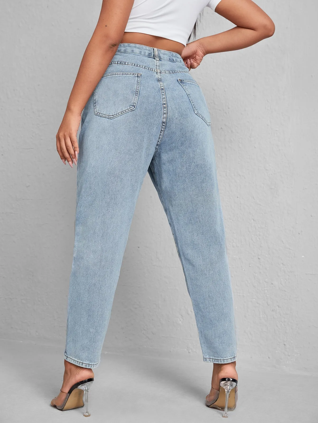 Slogan Zipper High Waist Long Plus Size Jeans