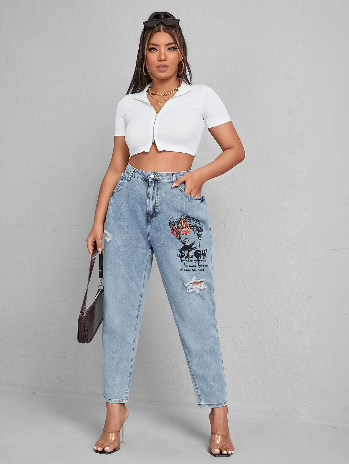Slogan Zipper High Waist Long Plus Size Jeans