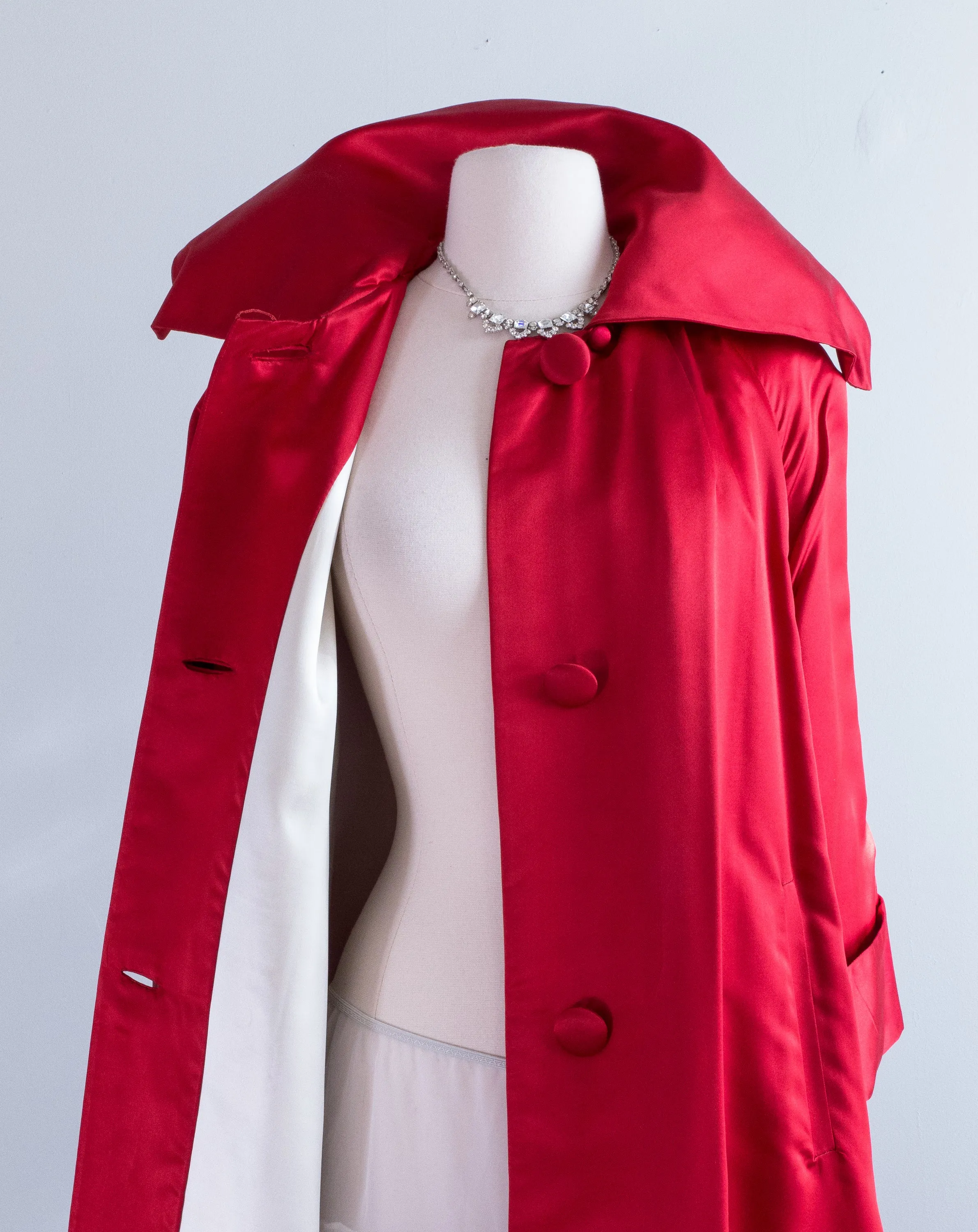 Spectacular 1950's Crimson Silk Swing Coat By Lawrence of London / ML