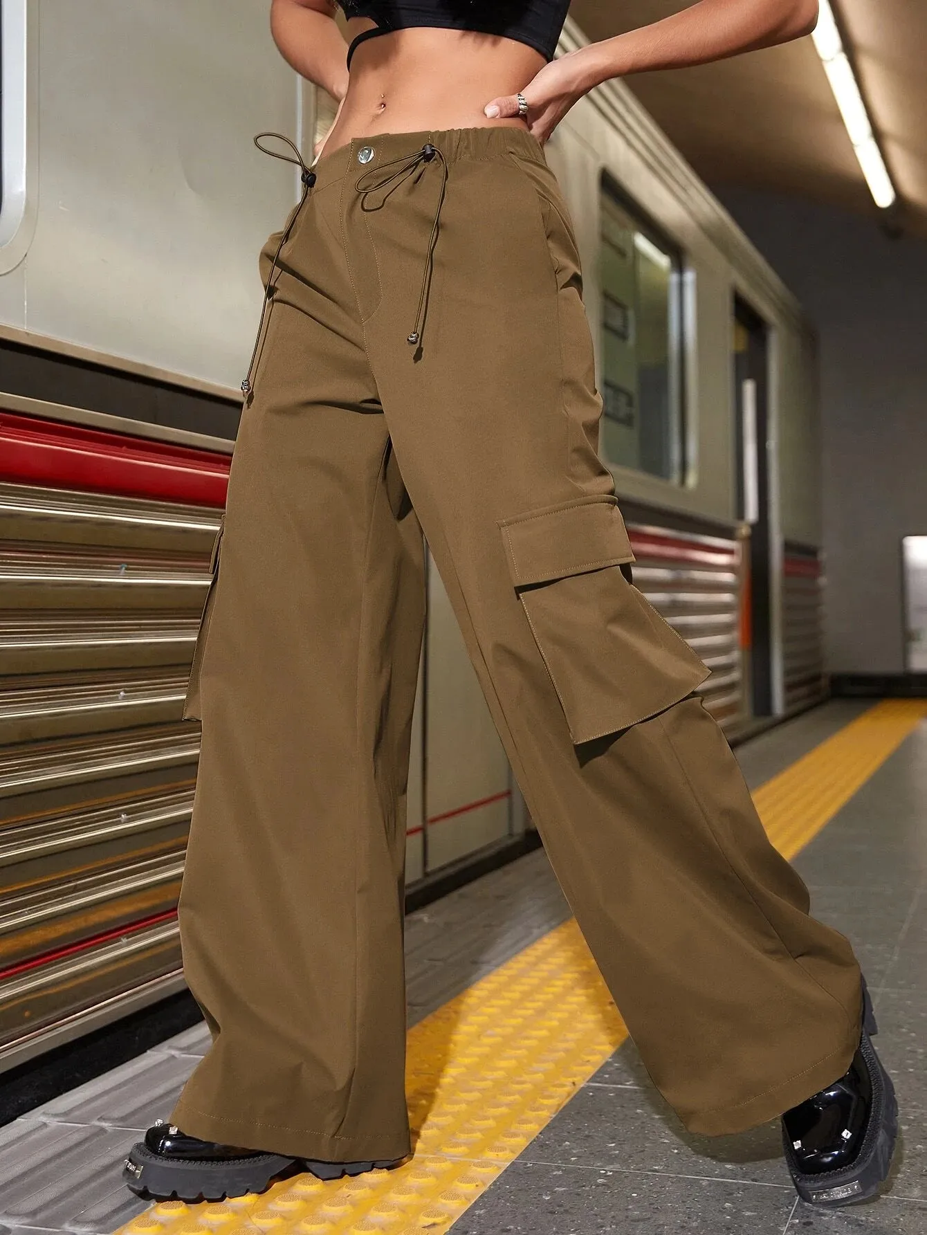 Street Drawstring Waist Flap Pockets Parachute Cargo Pants