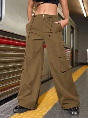Street Drawstring Waist Flap Pockets Parachute Cargo Pants