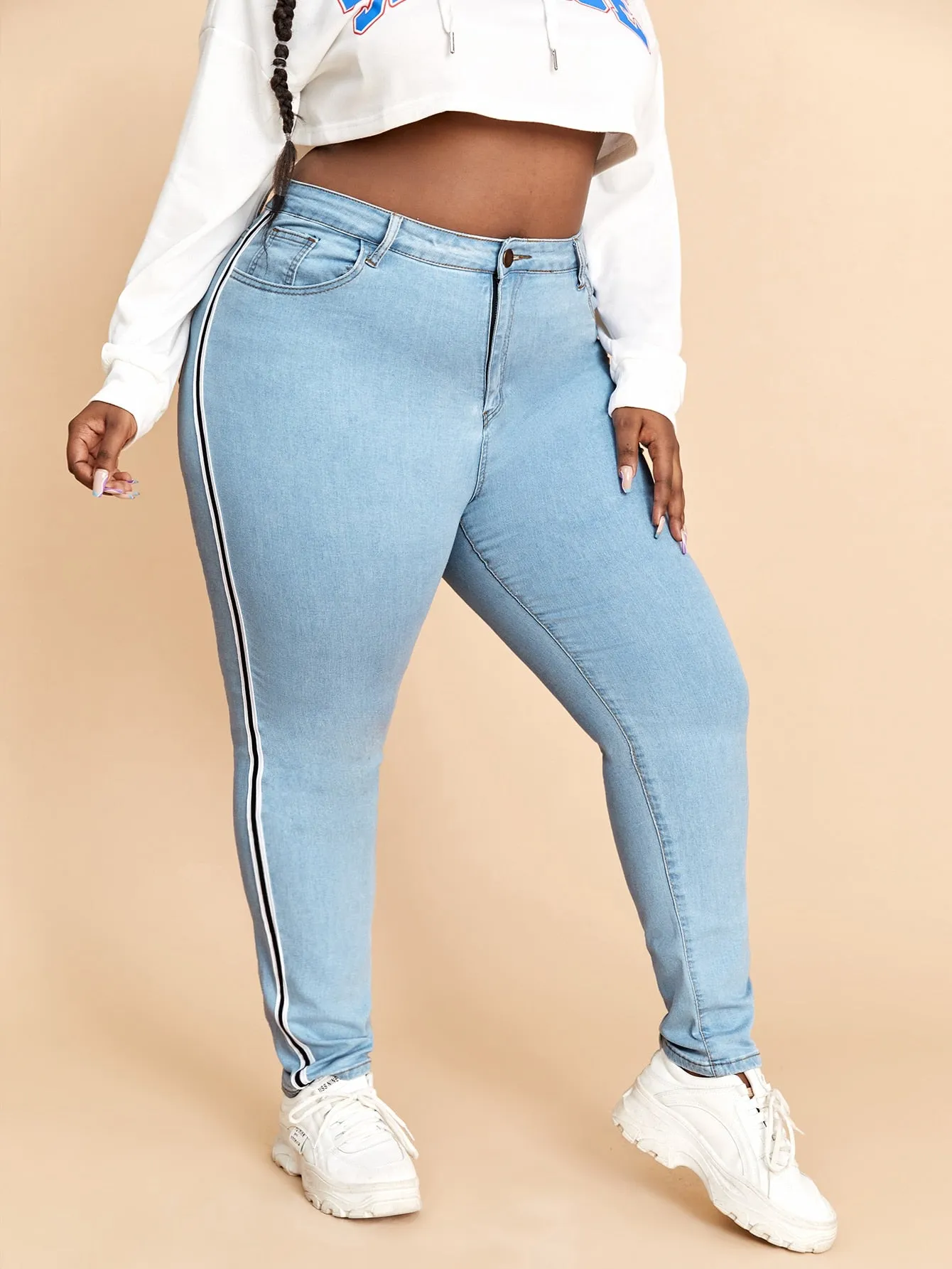 Striped Tape Natural Long Plus Size Jeans