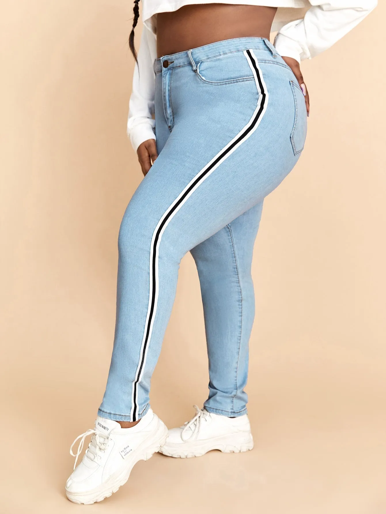 Striped Tape Natural Long Plus Size Jeans