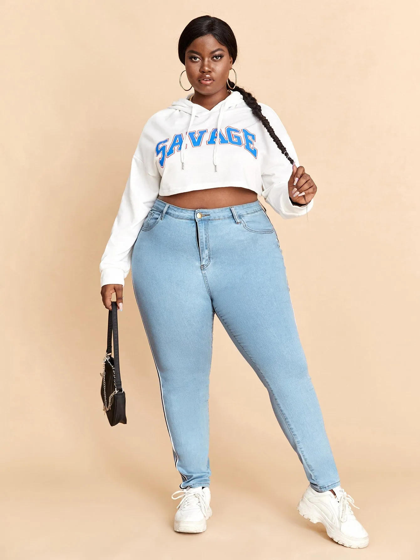 Striped Tape Natural Long Plus Size Jeans