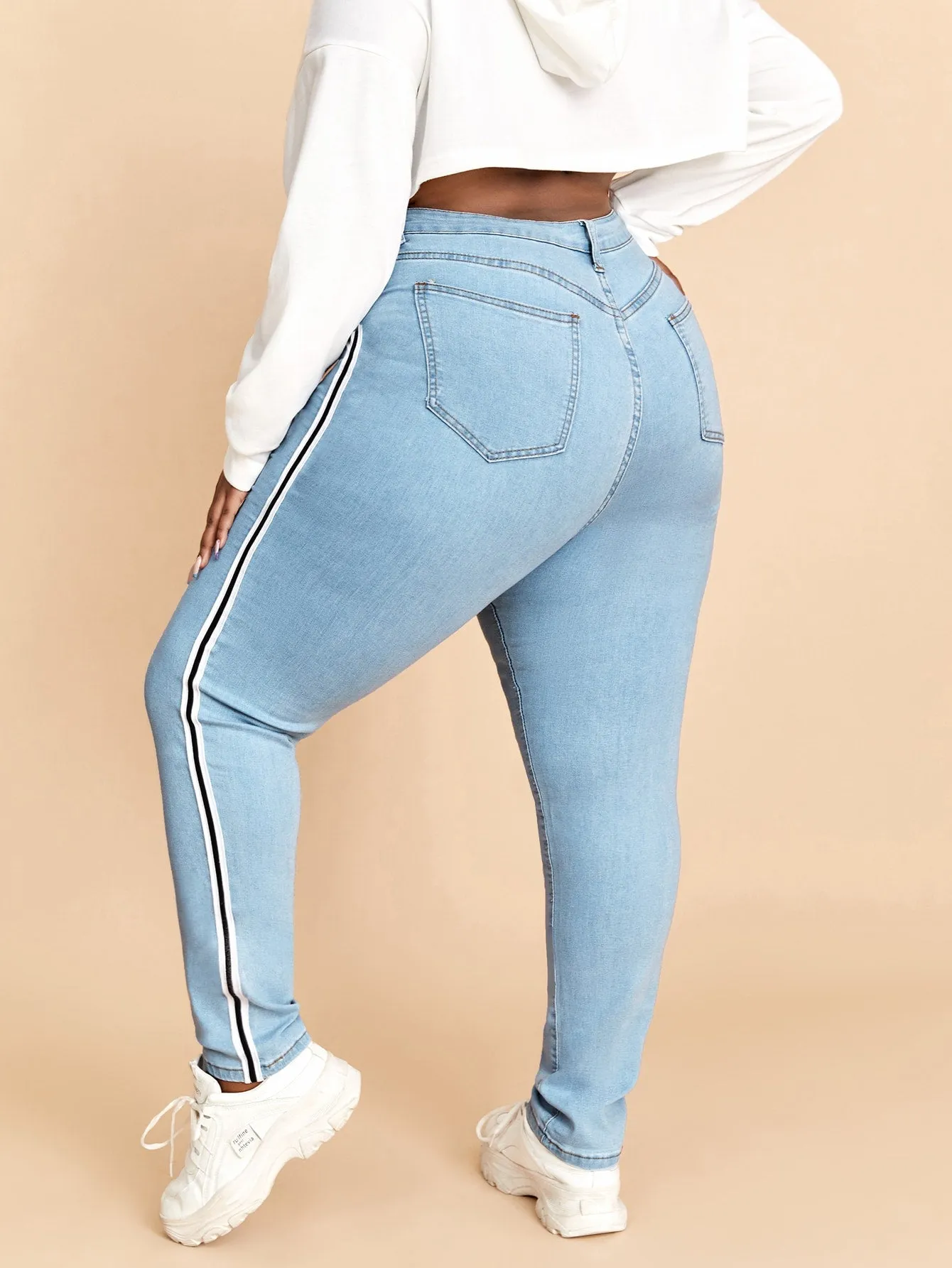 Striped Tape Natural Long Plus Size Jeans