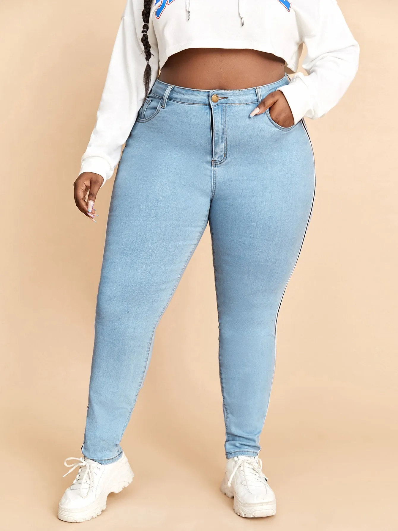 Striped Tape Natural Long Plus Size Jeans