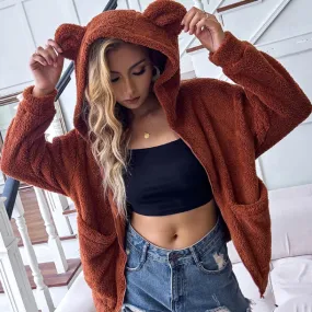 Teddy Coat Casual Warm Teddy Bear Coat Womens Autumn Winter Plush Hooded Overcoat