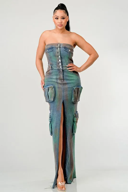 TEEK - VINTAGE HAND WASHED BUTTON UP SLIT DENIM DRESS