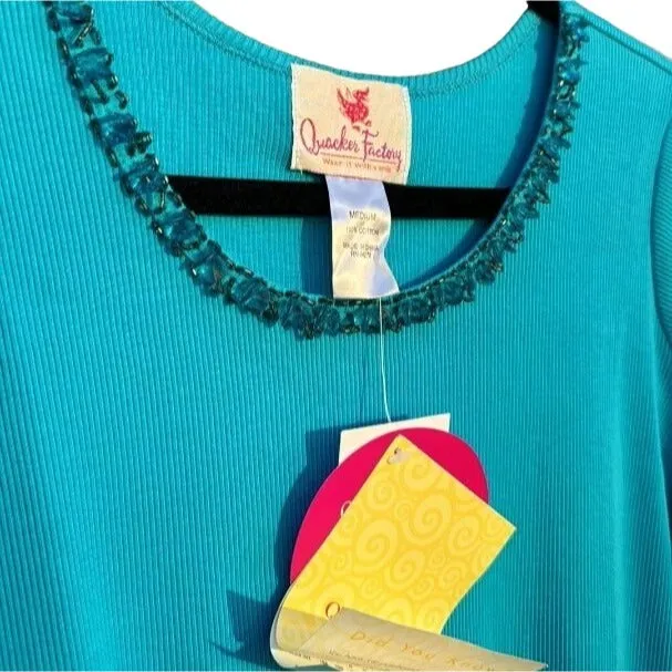 The Quacker Factory Blue Ribbed Knit Sequin Round Neck Short Sleeve Women's Shirt