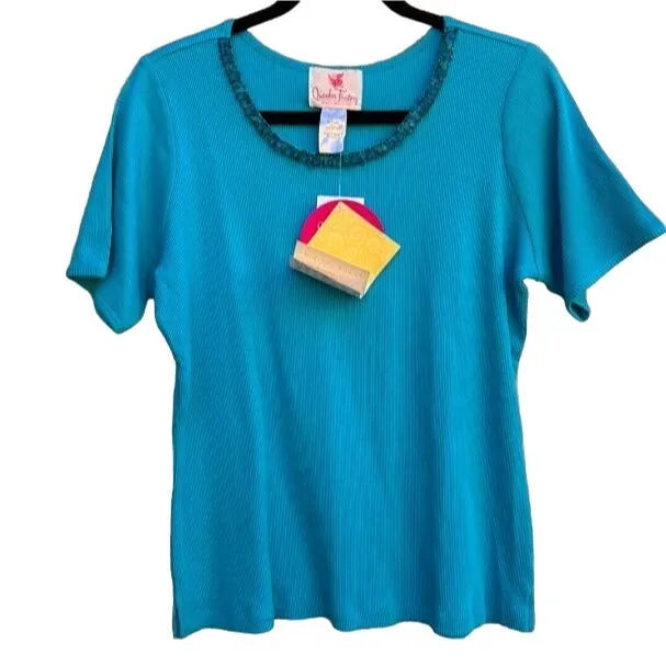 The Quacker Factory Blue Ribbed Knit Sequin Round Neck Short Sleeve Women's Shirt