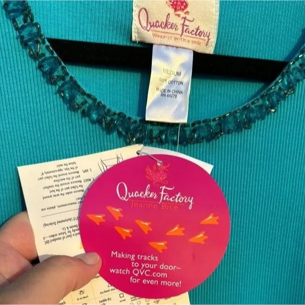 The Quacker Factory Blue Ribbed Knit Sequin Round Neck Short Sleeve Women's Shirt