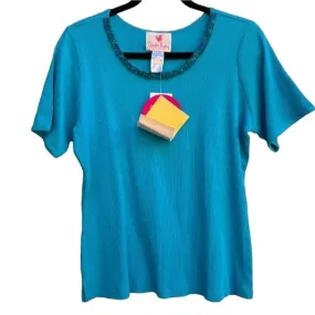 The Quacker Factory Blue Ribbed Knit Sequin Round Neck Short Sleeve Women's Shirt