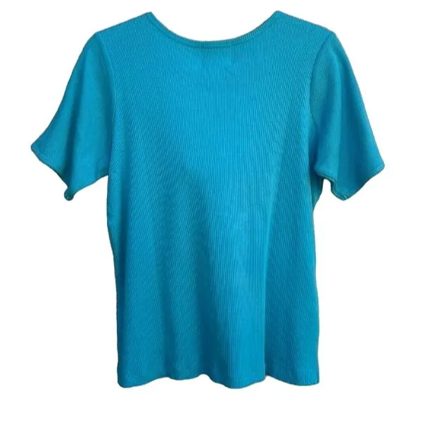 The Quacker Factory Blue Ribbed Knit Sequin Round Neck Short Sleeve Women's Shirt