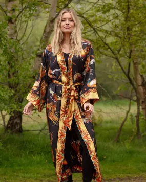 Turf War Long Silk Pheasant Kimono in Black and Gold