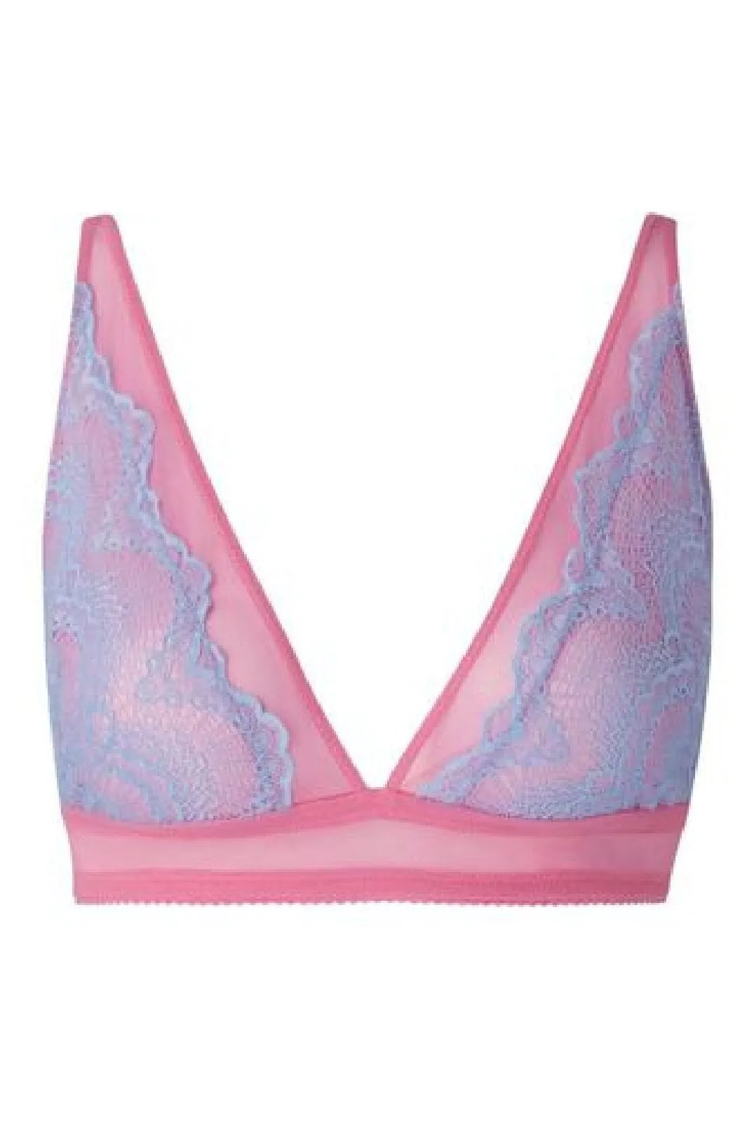 Understatement Underwear - Lace Mesh Plunge Bralette - Light Blue / Candy Pink
