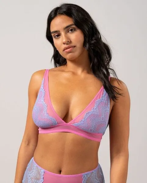 Understatement Underwear - Lace Mesh Plunge Bralette - Light Blue / Candy Pink