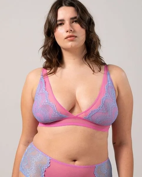 Understatement Underwear - Lace Mesh Plunge Bralette - Light Blue / Candy Pink