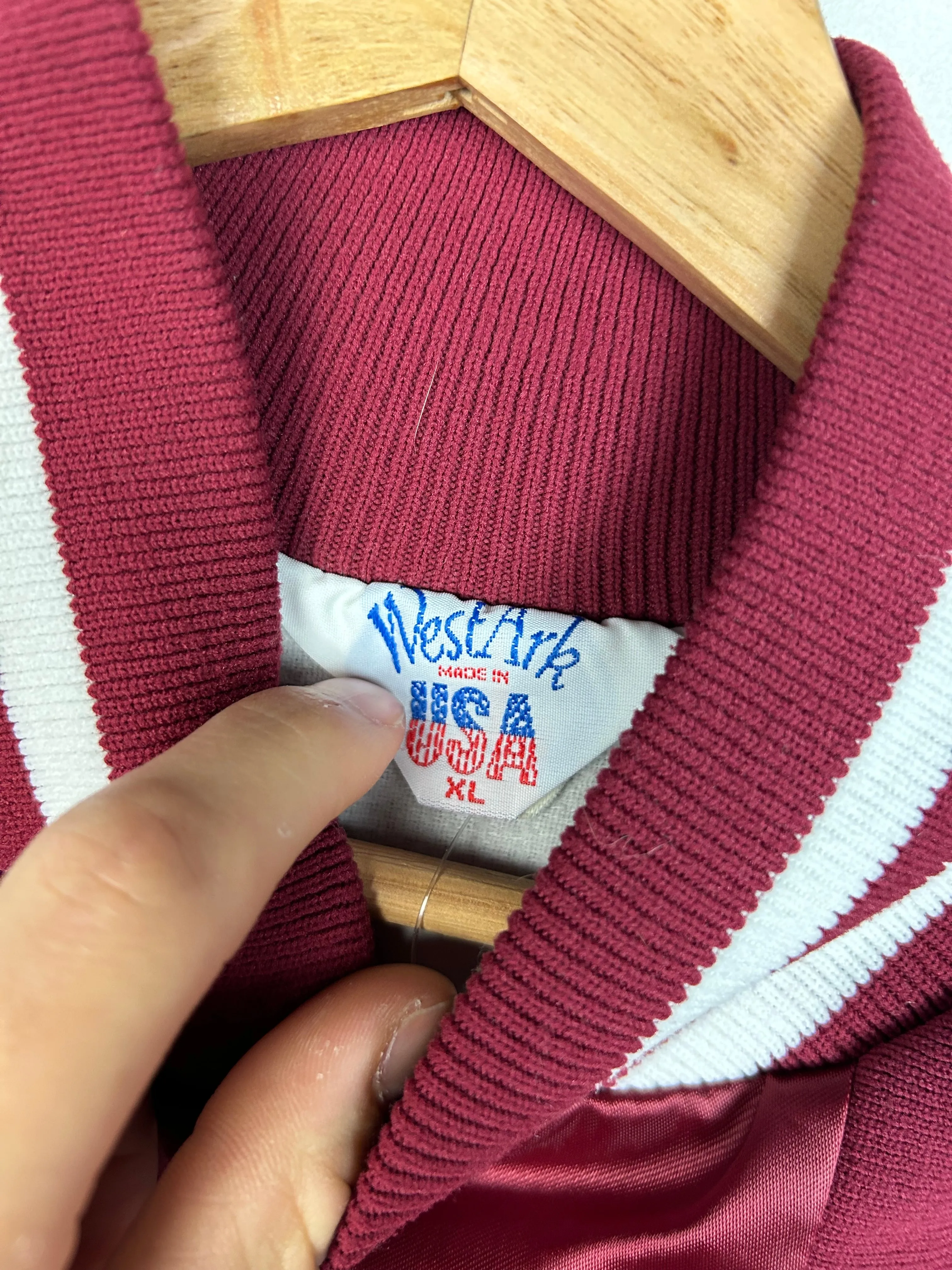 Vintage 80's Arkansas Burgundy Satin Bomber Jacket