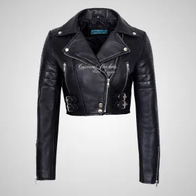 VOGUE Womens Leather Cropped Jacket Short Biker Leather Jacket