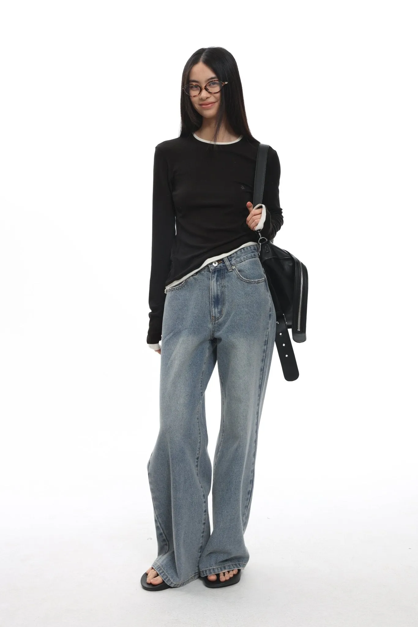 Washed Raw Edge Wide Leg Denim Pants In Blue