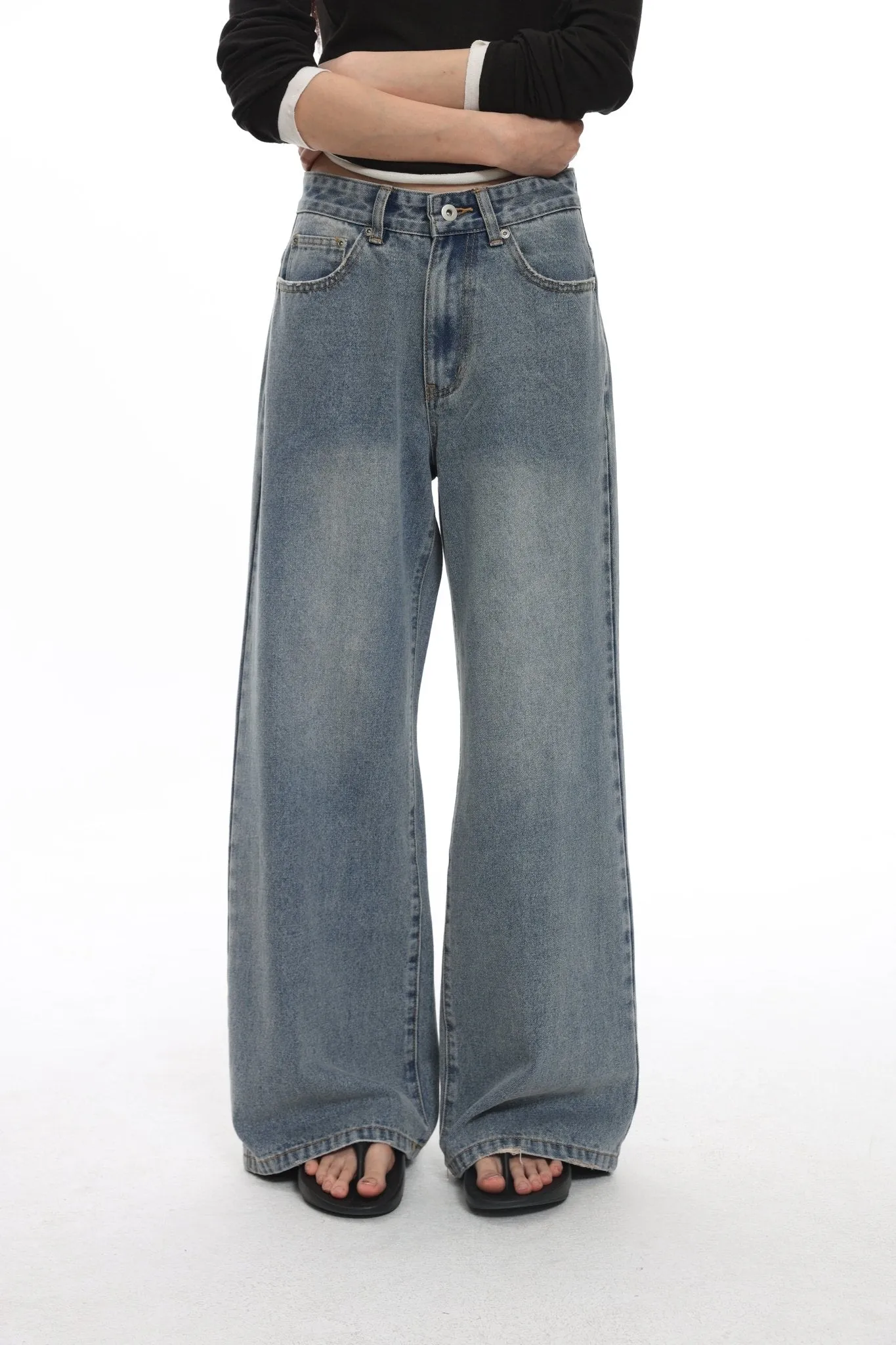Washed Raw Edge Wide Leg Denim Pants In Blue