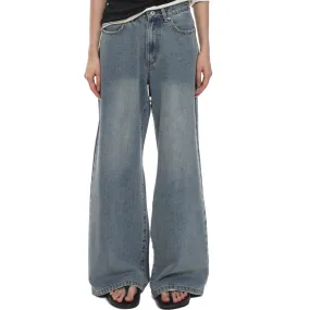Washed Raw Edge Wide Leg Denim Pants In Blue