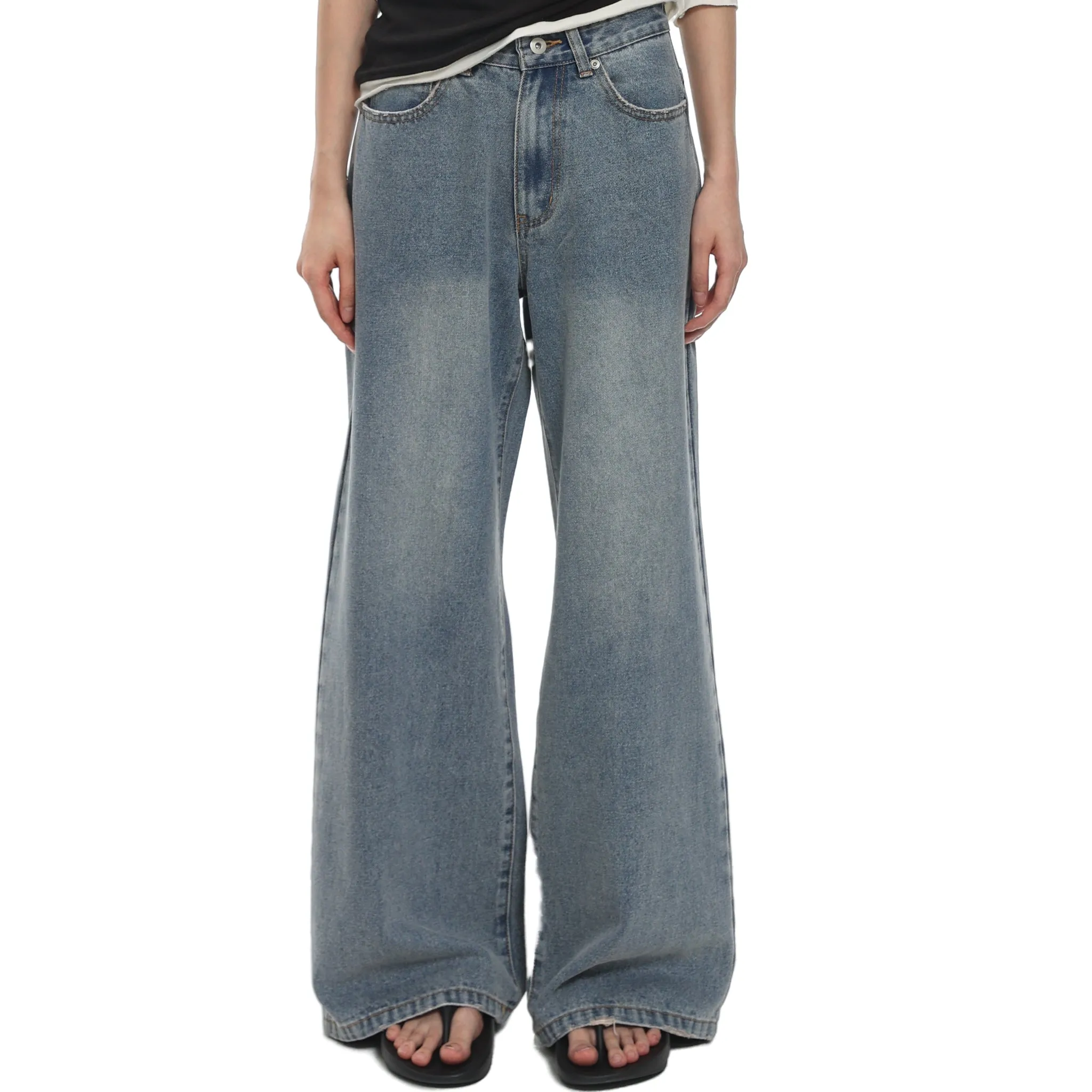 Washed Raw Edge Wide Leg Denim Pants In Blue