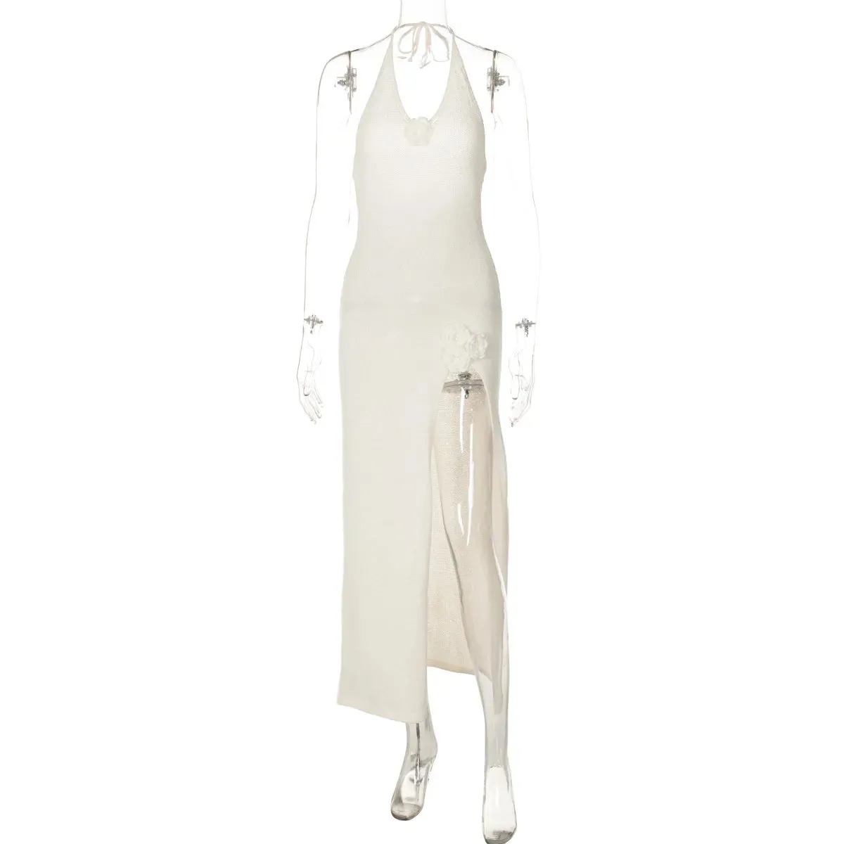 White Knit 3D Flower High Slit Midi Dress