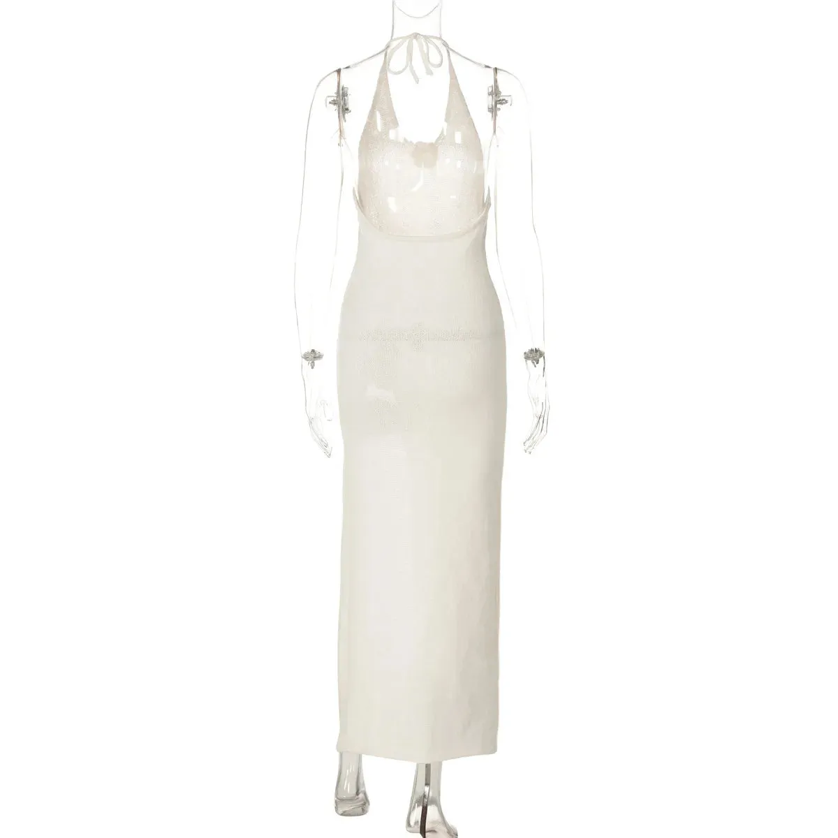 White Knit 3D Flower High Slit Midi Dress