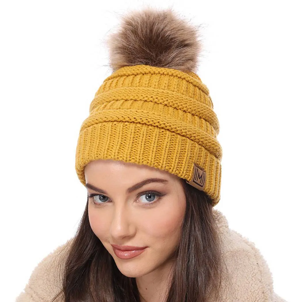 Winter Knitted Beanie Hat with Faux Fur Pom Pom