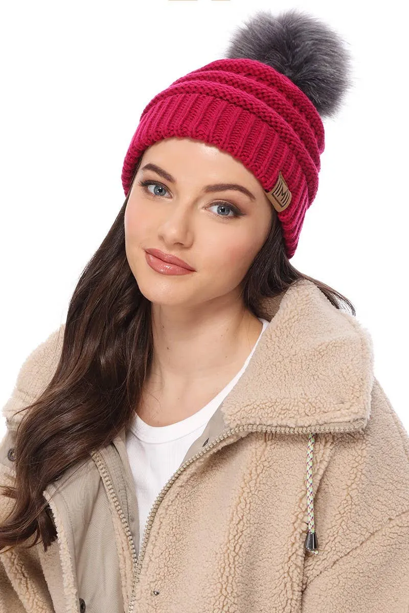 Winter Knitted Beanie Hat with Faux Fur Pom Pom