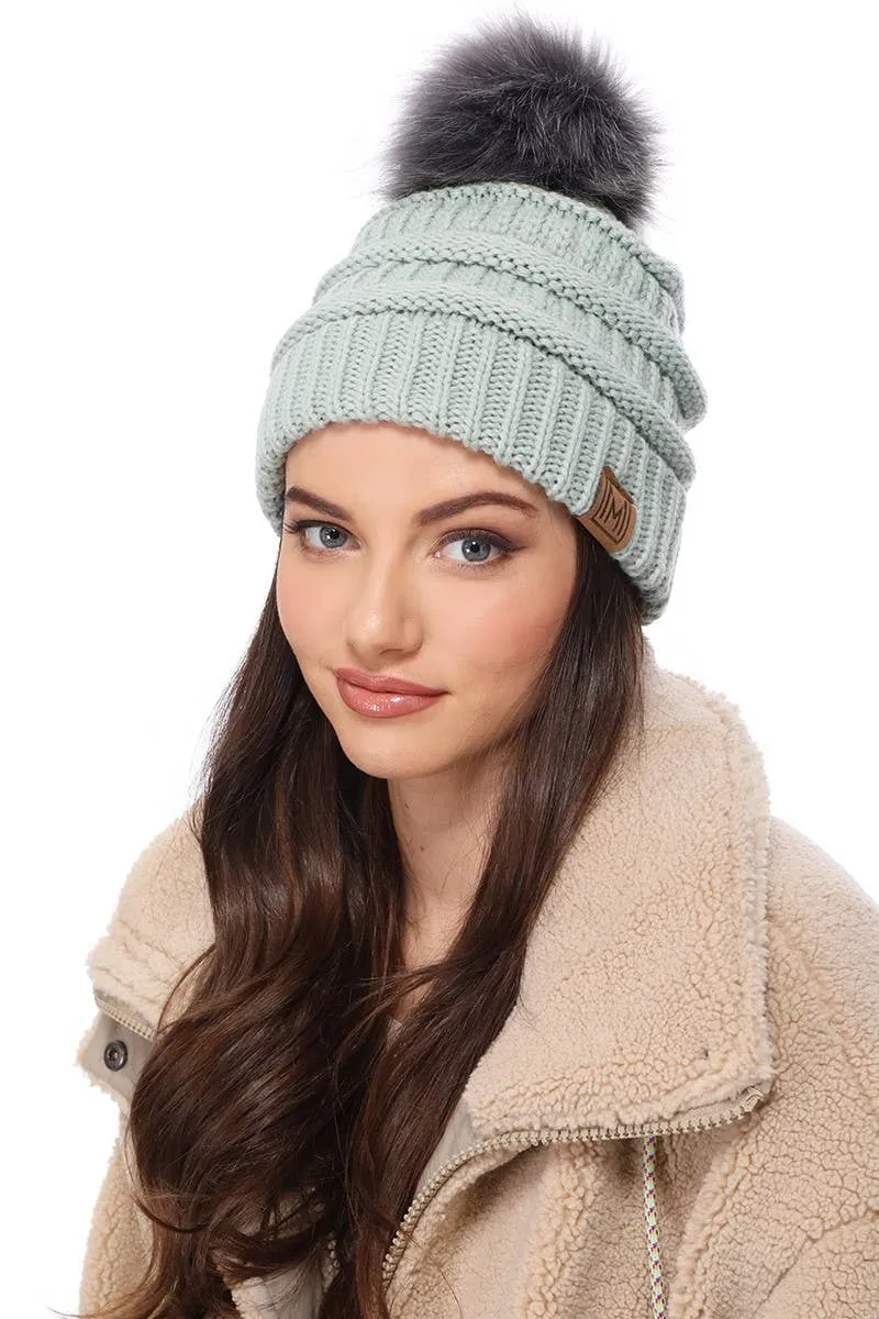 Winter Knitted Beanie Hat with Faux Fur Pom Pom