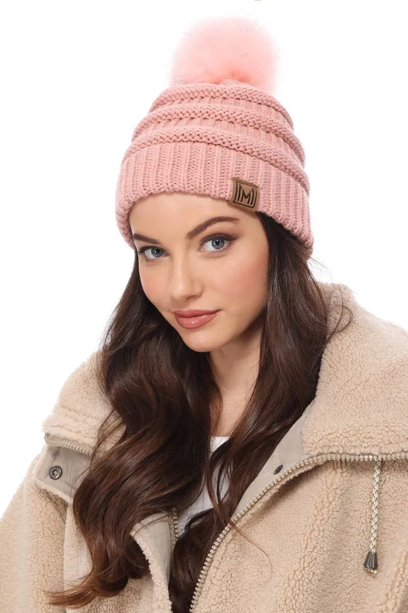 Winter Knitted Beanie Hat with Faux Fur Pom Pom