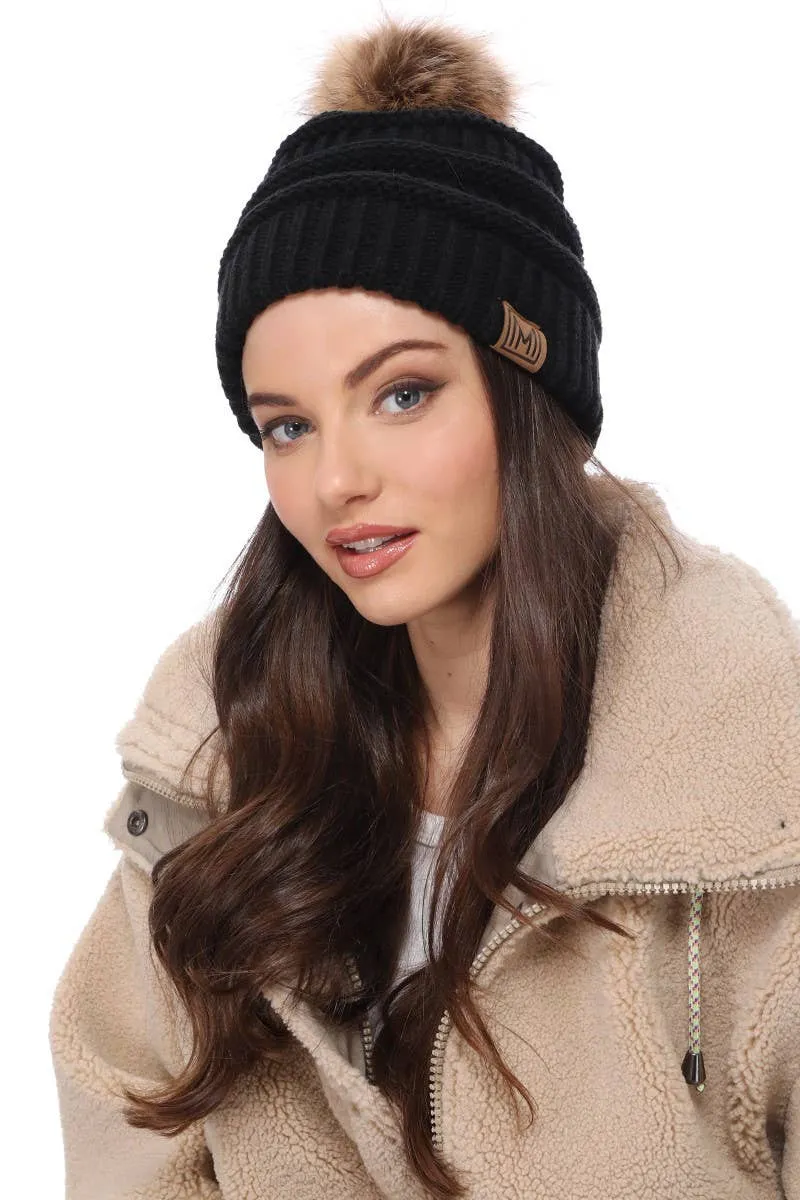 Winter Knitted Beanie Hat with Faux Fur Pom Pom