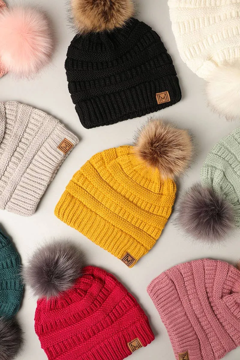 Winter Knitted Beanie Hat with Faux Fur Pom Pom