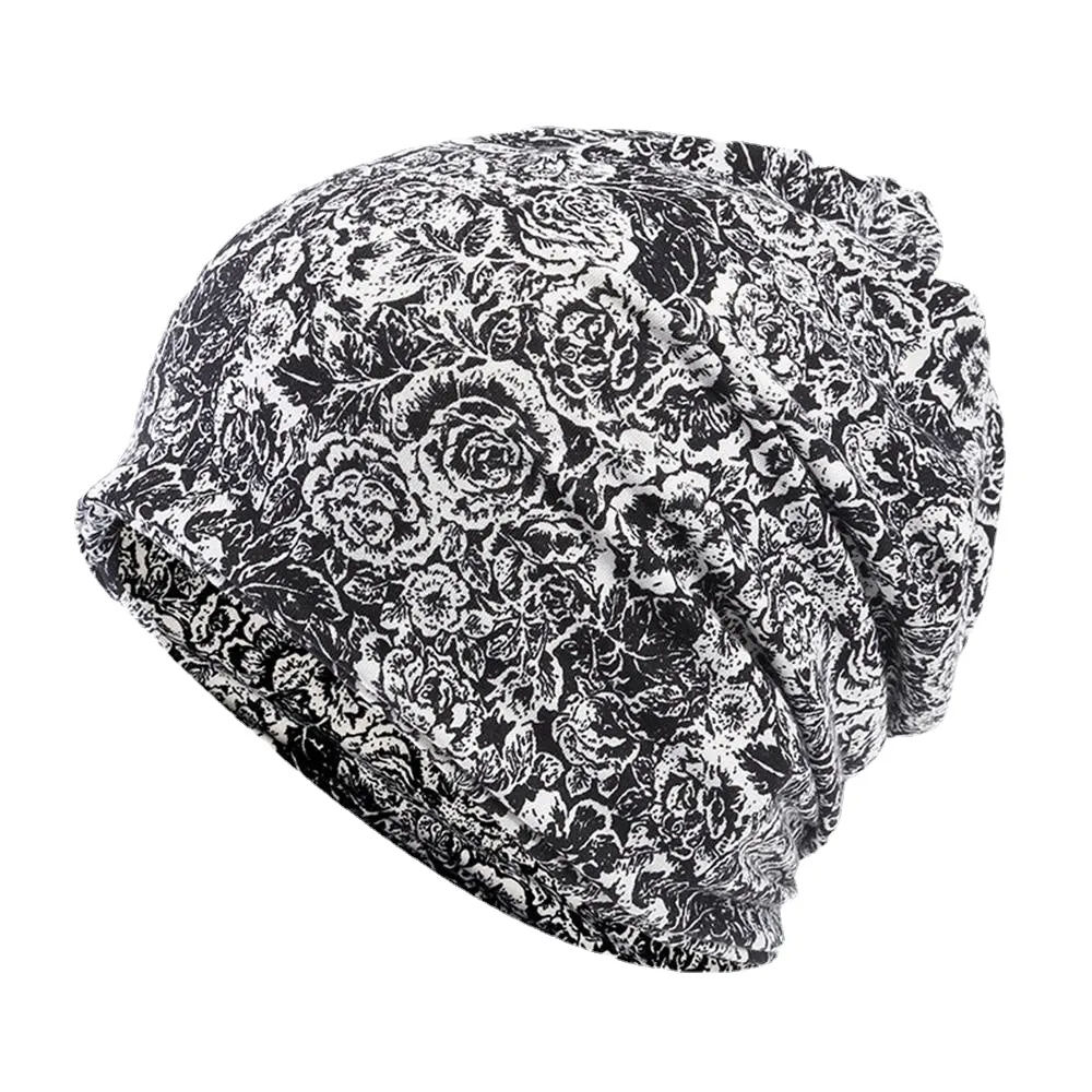 Women Cotton Multi-purpose Rose Pattern Printing Beanie Cap Bib Headscarf