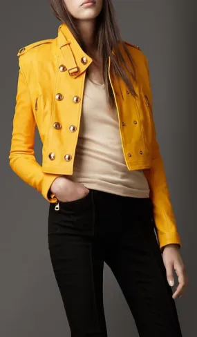 Women Yellow Genuine Leather Cropped Jacket