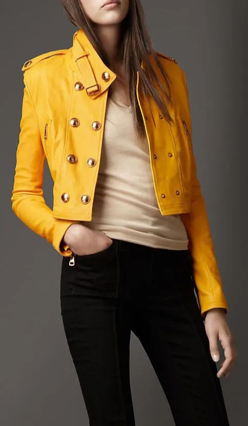 Women Yellow Genuine Leather Cropped Jacket