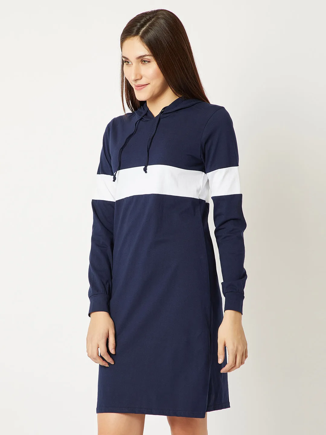 Women's Navy Blue and White Round Neck Full Sleeve Solid Knee-Long Hooded Dress