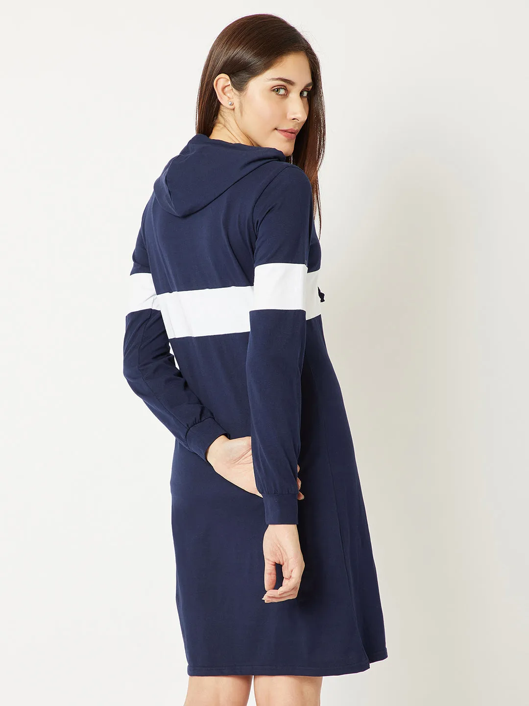 Women's Navy Blue and White Round Neck Full Sleeve Solid Knee-Long Hooded Dress