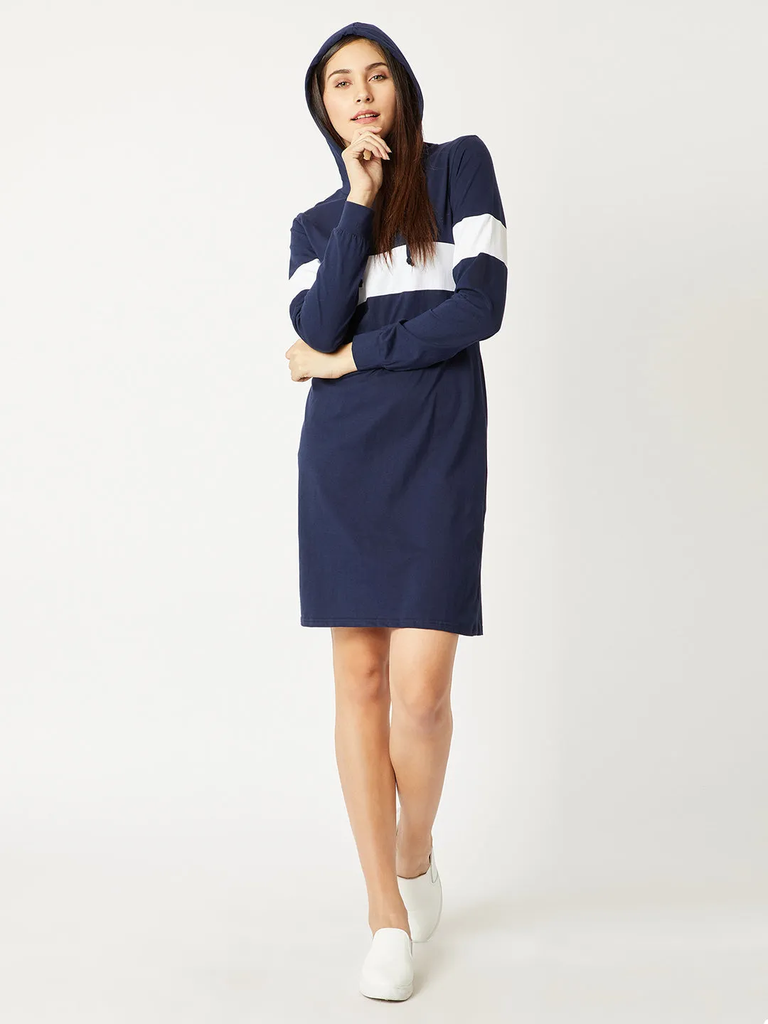 Women's Navy Blue and White Round Neck Full Sleeve Solid Knee-Long Hooded Dress