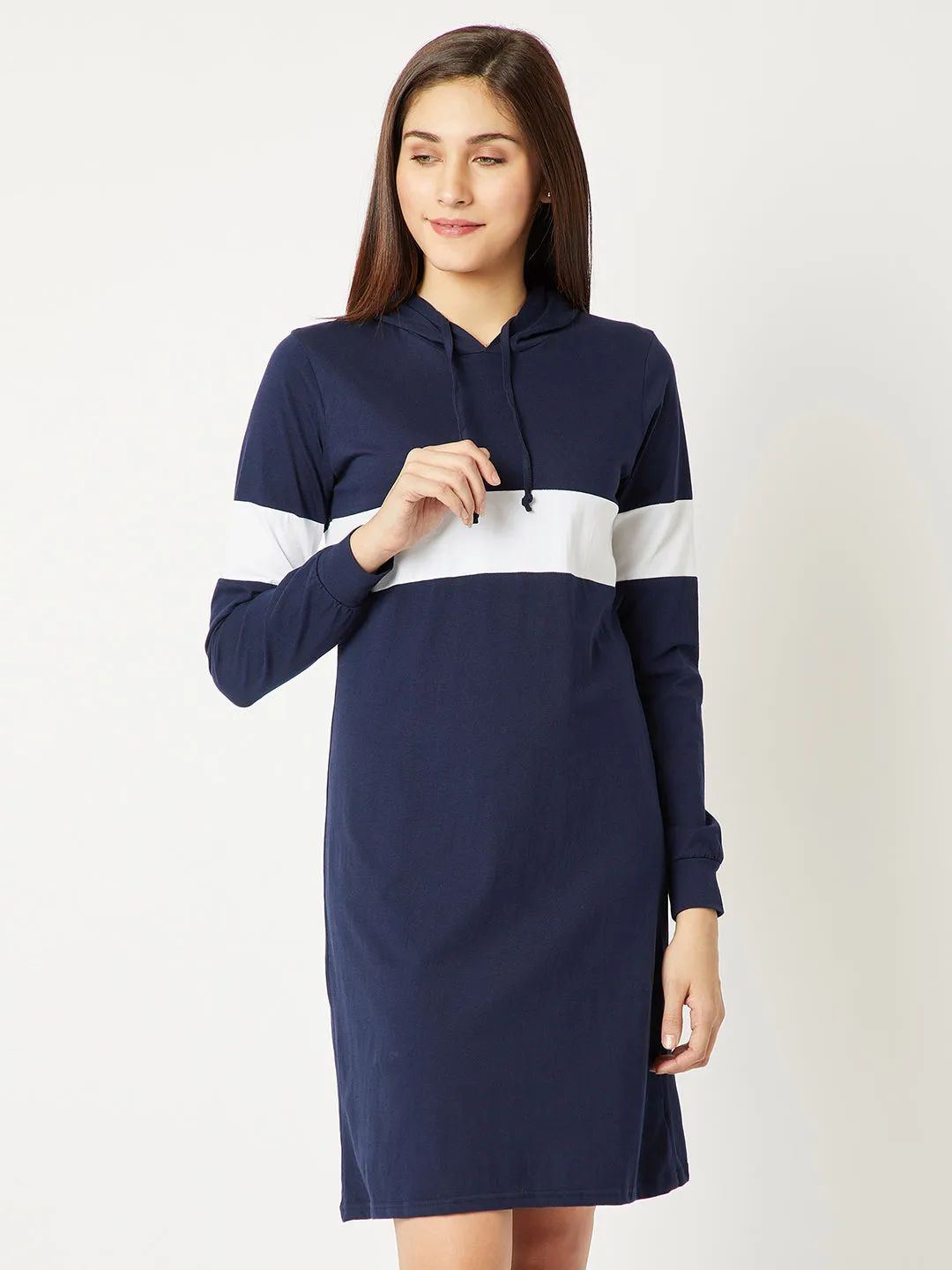 Women's Navy Blue and White Round Neck Full Sleeve Solid Knee-Long Hooded Dress