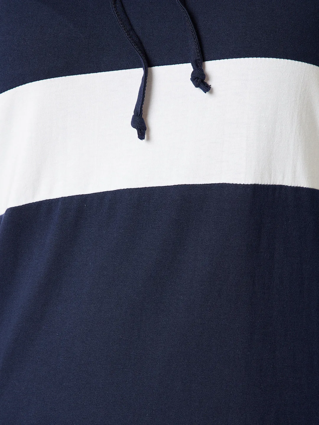 Women's Navy Blue and White Round Neck Full Sleeve Solid Knee-Long Hooded Dress